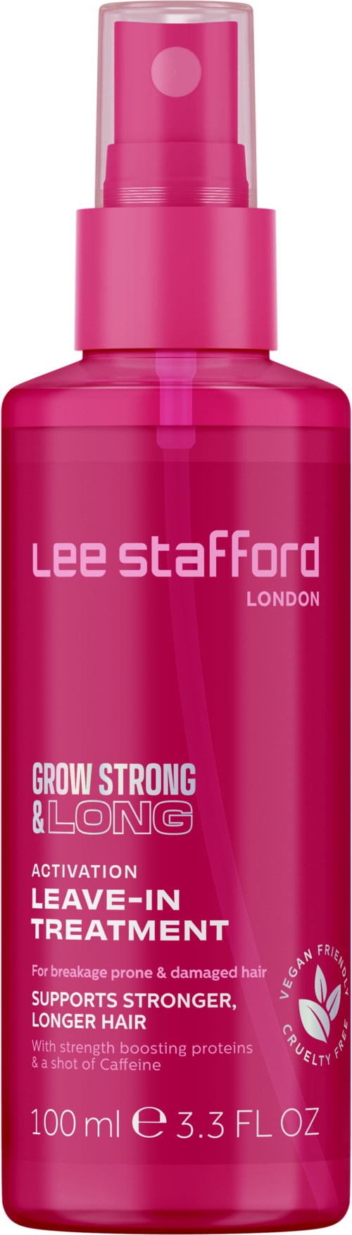 Pink bottle of Lee Stafford leave-in treatment for stronger, longer hair, with a spray top. Supports hair health.