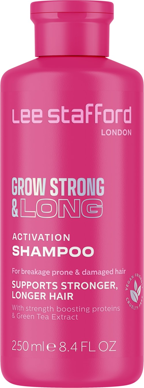 Pink shampoo bottle with white and darker pink text, mentioning strength, long hair, and green tea extract.