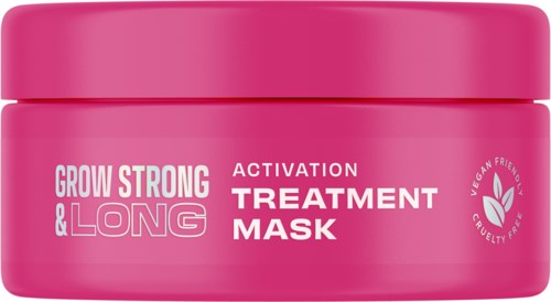 Vaaleanpunainen rasia, jossa lukee 'Grow Strong & Long Activation Treatment Mask' ja vegaaninen ja cruelty-free-merkki.