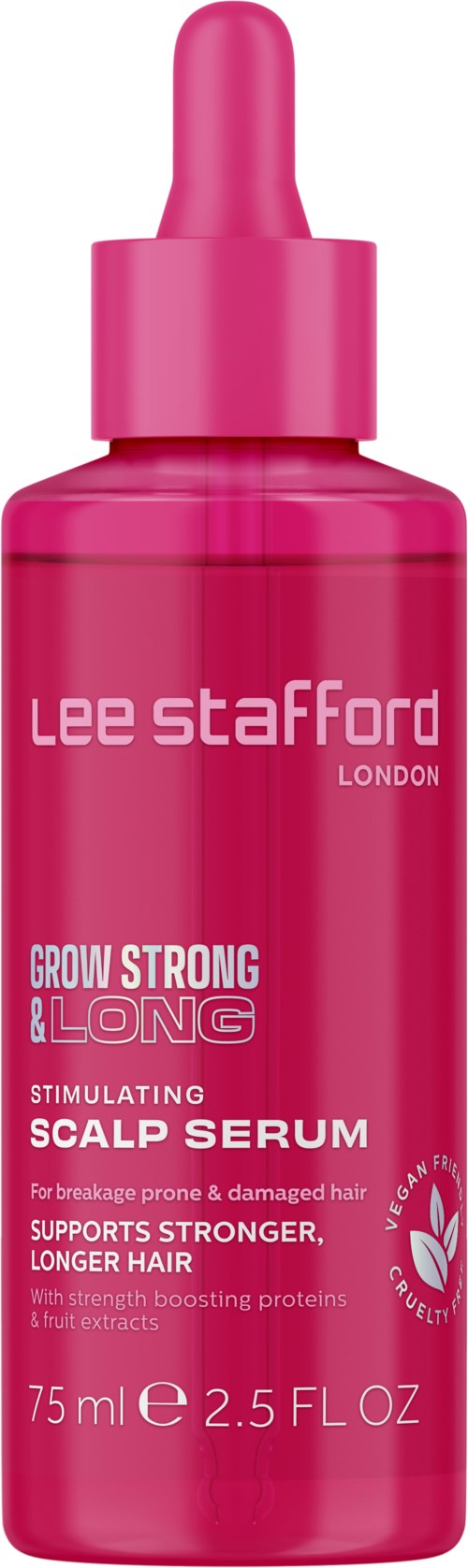 Pink bottle of Lee Stafford Grow Strong & Long scalp serum with a dropper cap.