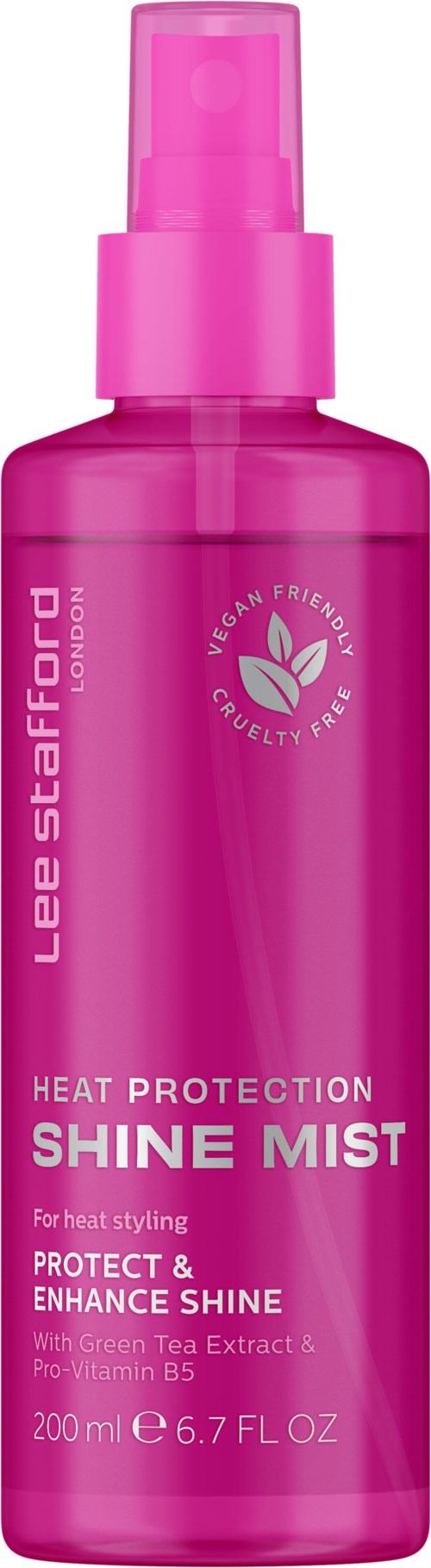 Pink spray bottle labeled for heat protection, shine mist, with green tea extract and Vitamin B5, 200 ml capacity.