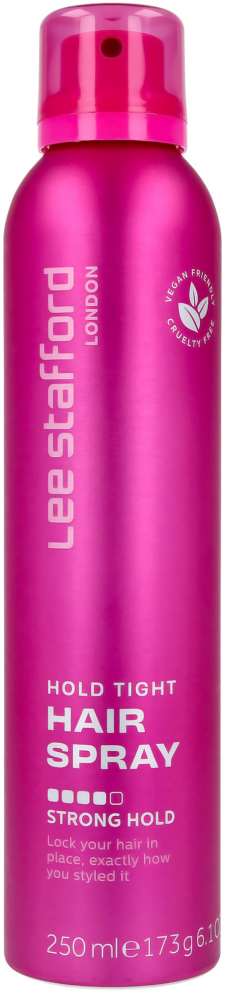 A tall pink spray bottle labeled 'Lee Stafford London' for hair, with instructions for strong hold and 250 ml size.