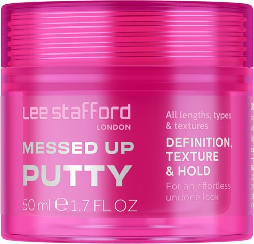 Pink jar of Lee Stafford Messed Up Putty, 50ml, with text about hair texture and hold.