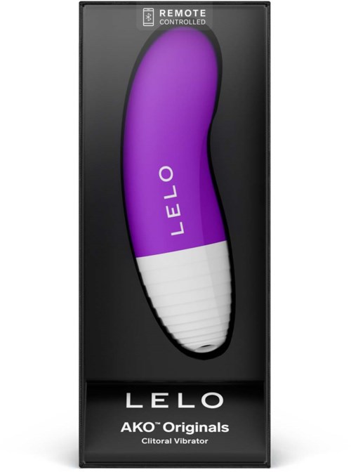 Ein lila und weißer Klitorisstimulator in einer Box mit der Bezeichnung "LELO" und "AKO Originals."
