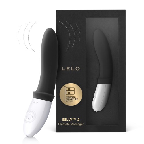 Schwarz-weißer Prostatamassage mit Verpackung, gekennzeichnet 'LELO BILLY 2', schwedisches Design.