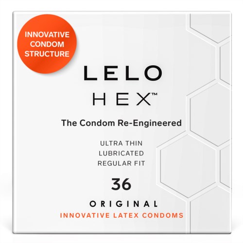 Eine weiße Box mit grauen Hexagonen, schwarze und orange Texte über LELO HEX Kondome, und ein roter Kreis hebt Innovation hervor.