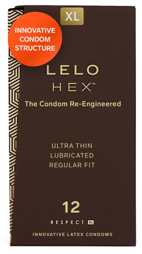 Eine Packung LELO HEX Kondome, Größe XL, mit 12 geschmierten, ultra-dünnen, regulären Passform-Kondomen, die Innovation und Neuentwicklung betonen.