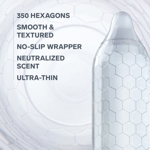 Text beschreibt ein Produkt mit 350 Hexagonen, glatt, texturiert, rutschfest, neutraler Duft, ultradünnes Design.