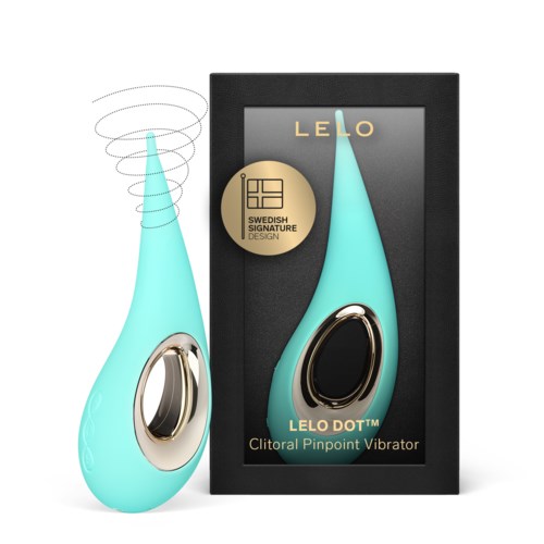 Een turkoise vibrator met zwart en goud bedieningspaneel en een doos die productinformatie en een Zweeds ontwerpmerkteken laat zien.