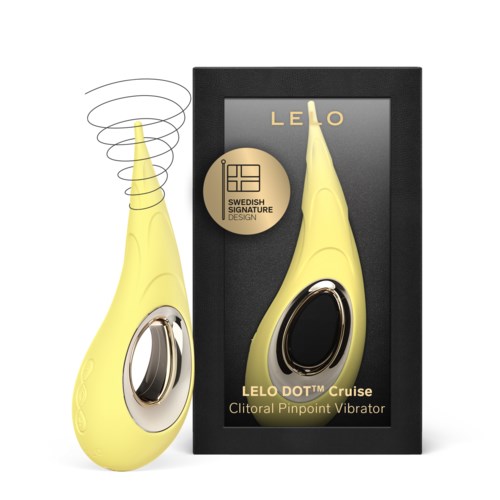Ein gelber, traubenförmiger Vibrator mit Silberring in der Nähe der Basis, zusammen mit seiner schwarzen Verpackung.