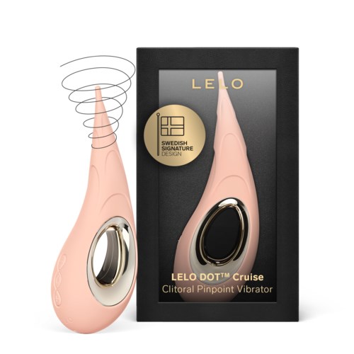 A pink, elongated vibrator with a metallic oval ring and wireless symbols, next to its black box packaging.