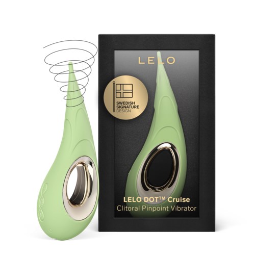 Green clitoral vibrator with silver accent and vibration symbols, next to a black box with branding and product details.