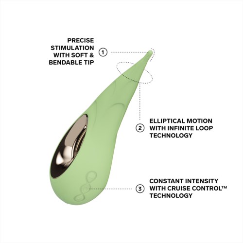 Diagram of a device with features like soft tip, elliptical motion, and cruise control technology.