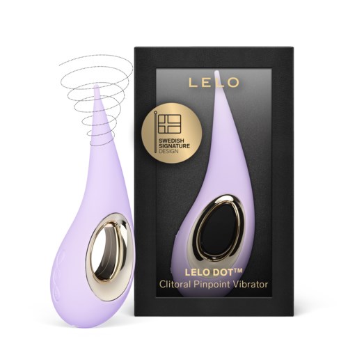 Lila Klitorale Vibrator mit Goldring, kabellos und vibrationsfähig, in Verpackung mit "LELO DOT" und "Clitoral Pinpoint Vibrator".
