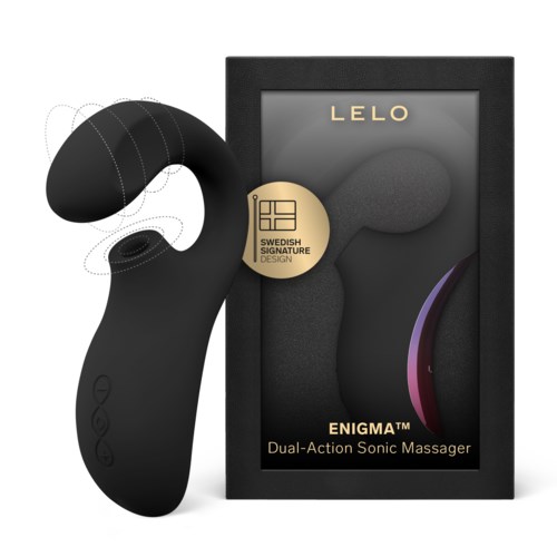 En svart extraattiv sonisk massageapparat och dess förpackning med varumärket LELO och produktnamnet ENIGMA.
