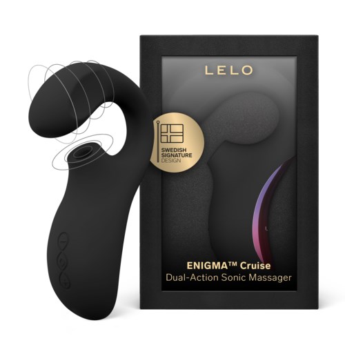 Ein schwarzer Dual-Aktions-Schallmassagegerät mit gebogener Form, neben einer Schachtel mit der Aufschrift 'LELO Enigma Cruise' und einem Goldaufkleber.