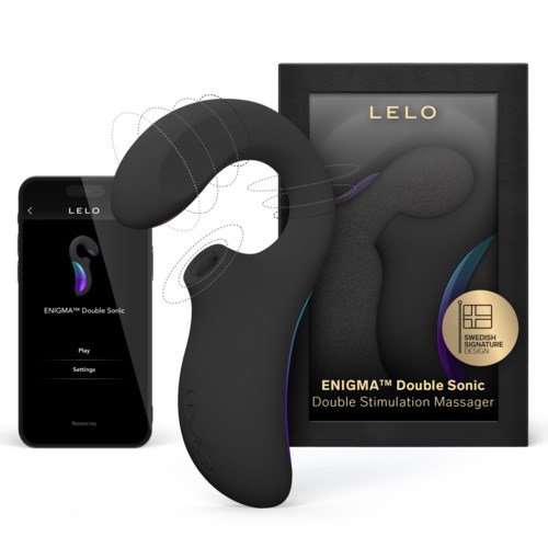 A black, curved device with a remote and box, labeled 'LELO ENIGMA Double Sonic' for muscle massage.