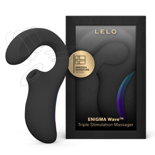 Musta hierontalaite LELO-merkkisenä, sen vieressä laatikko, nimeltään Enigma Wave, kolmivaiheinen stimulaattorinen hierovas.