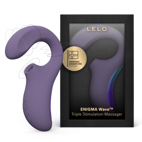 Ein lila Massagerät und seine Verpackung, beschriftet 'LELO ENIGMA Wave', mit einem goldenen Sticker über schwedisches Design.