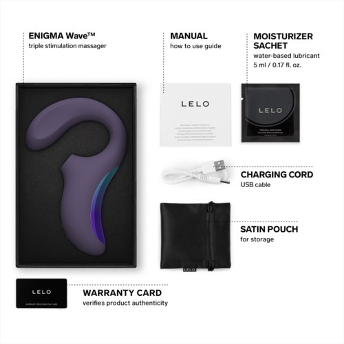 Produktverpackung mit Massager, Ladegerät, Tasche, Anleitung, Feuchtigkeitscreme-Beutel und Garantiekarte, alles ordentlich angeordnet.