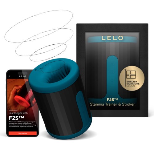 Ein Fitnessgerät in Blau und Schwarz, eine mobile App, und eine Verpackung mit Marke LELO und Produkt F2S.
