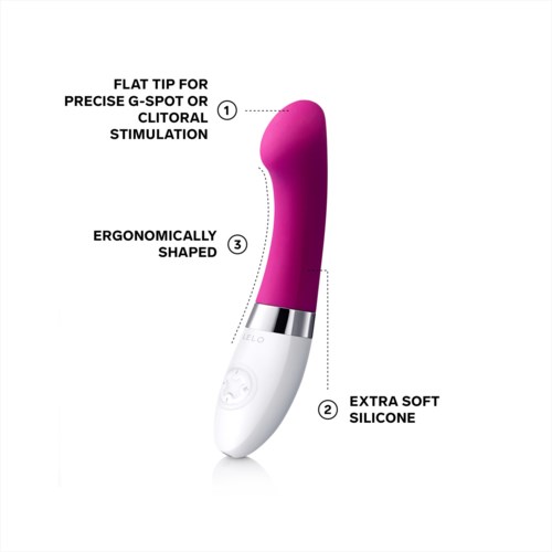 A pink and white device with a flat tip, soft silicone, and an ergonomic shape for stimulation.