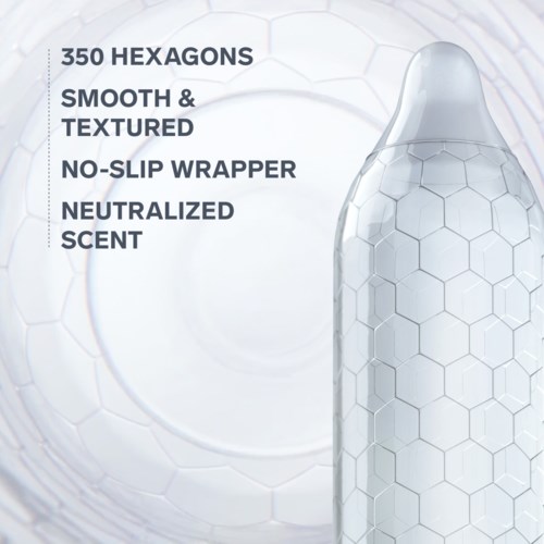 Eine zylindrische Flasche mit Hexagonmuster, beschreibt Eigenschaften wie Textur, rutschfesten Griff und Duft. Text auf der linken Seite listet die Vorteile auf.