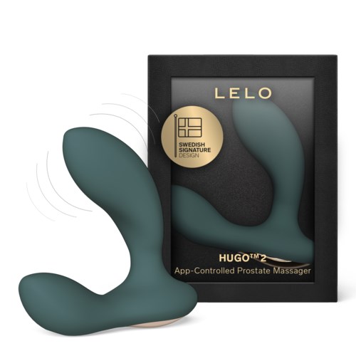 Eine schwarze Box mit dem Wort 'LELO' enthält einen blauen, gebogenen Prostatamassagegerät namens HUGO™2, app-gesteuert.
