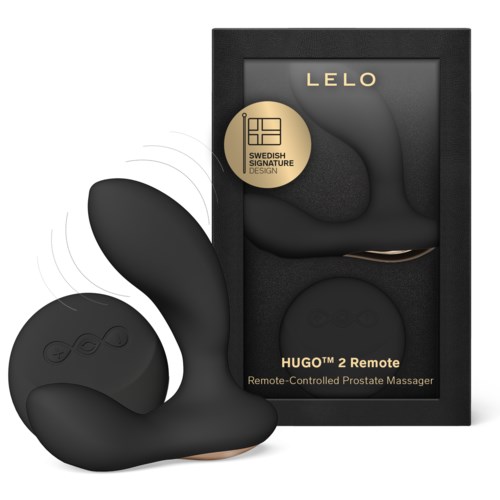 Ein Prostata-Massagegerät mit Fernbedienung in schwarzem, eleganten Design, verpackt in einer Box mit der Aufschrift 'LELO HUGO 2 Remote'.