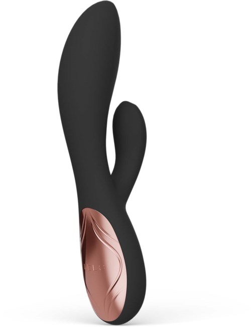Black curved vibrator with rose gold handle and textured surface.