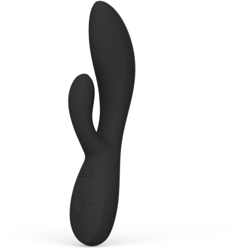 Black silicone vibrator with a curved shape and control buttons on the base.