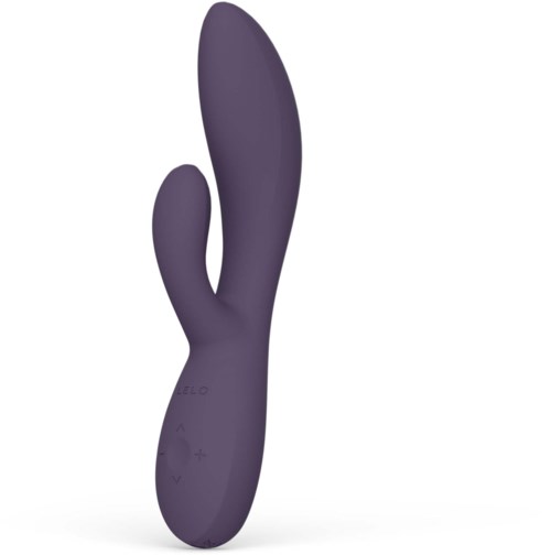 A purple curved vibrator with a smaller curved arm and control buttons near the base.
