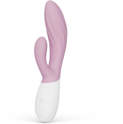 En pink och vit vibrator med böjd form och kontrollknappar på den vita handtaget.