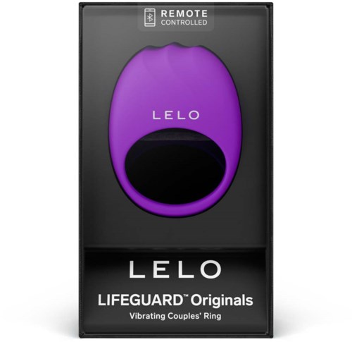 Ein lilafarbenes Ring-Gerät mit 'LELO'-Aufdruck im Karton, für Vibration bei Paaren.