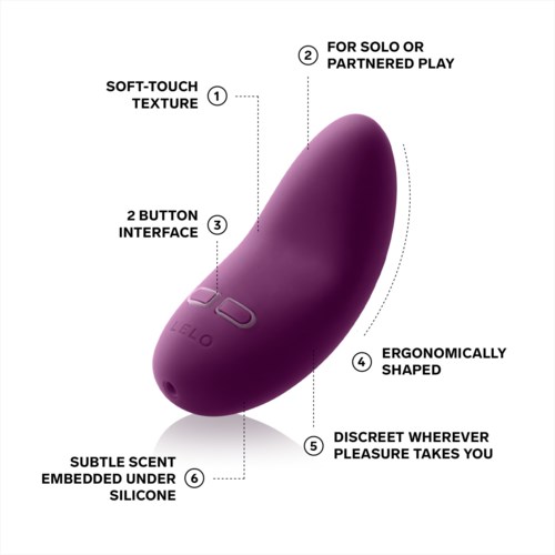 Pieni, violetti, ergonomisesti muotoiltu laite, pehmeä kosketuspinta, kaksi painiketta, hienovarainen tuoksu ja huomaamaton suunnittelu.