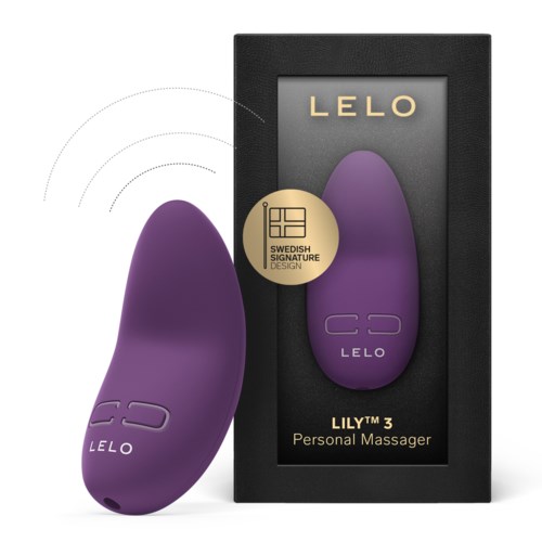 Purple handheld massager with LELO branding, shown outside and in box labeled Lily 3.
