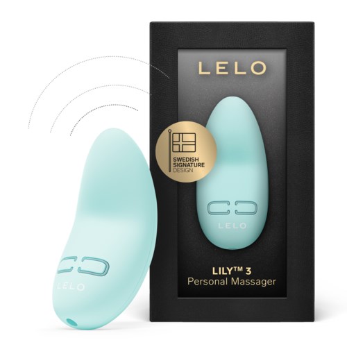 A light blue personal massager with LELO branding, shown alongside its black box and gold sticker for Swedish design.