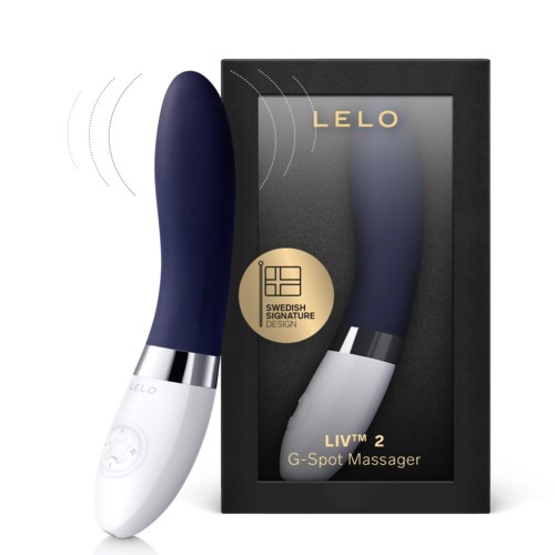 Ein blauer und weißer G-Spot-Massagegerät mit einer Box, die den Markennamen LELO und ein Goldemblem trägt.