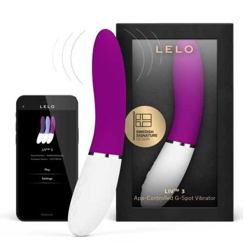 A purple and white curved device with a box and a smartphone, labeled as a G-Spot vibrator for app control.