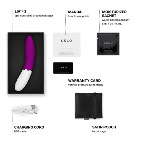 A purple and white device, manual, lubricant, warranty card, charging cord, and storage pouch are in a box.