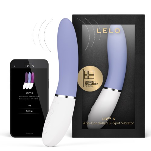 A purple and white vibrating device with a black box and smartphone control for personal use.