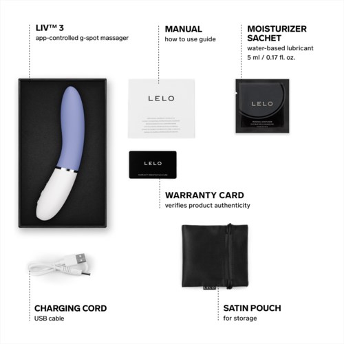 A blue and white app-controlled g-spot massager with accessories, including a manual, lubricant, warranty card, charging cable, and storage pouch.