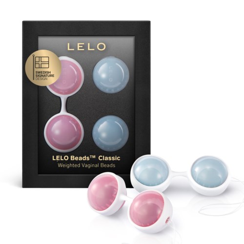 Bunte gewichtete Vaginalperlen in Pink und Blau in einer schwarzen Box mit Aufschrift 'LELO Beads'.