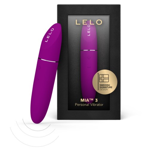Violetti henkilökohtainen vibraattori nimeltä LELO MIA 3 mustassa laatikossa, jossa on kultaisia ja beigen sävyjä.