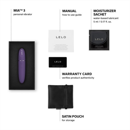Kuvassa on violetti henkilökohtainen vibrator, ohjekirja, kosteussachet, takuukortti ja musta satiinipussi.