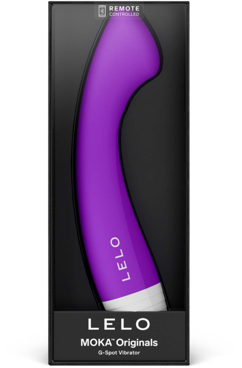 Lila, geschwungener Vibrator in Verpackung mit Aufschrift LELO MOKA Original G-Spot Vibrator, ferngesteuert.