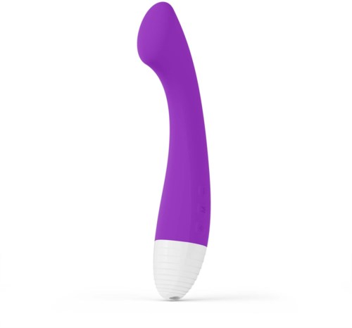 Ein lila-weißer gebogener Gegenstand, vermutlich ein Massagegerät oder Vibrator, steht aufrecht mit einer runden Spitze.