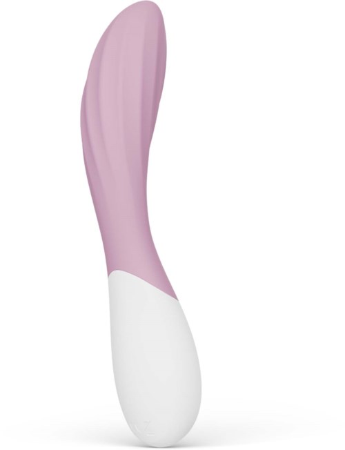 En rosa och vit kurvad skönhetsvibrator med slät yta.
