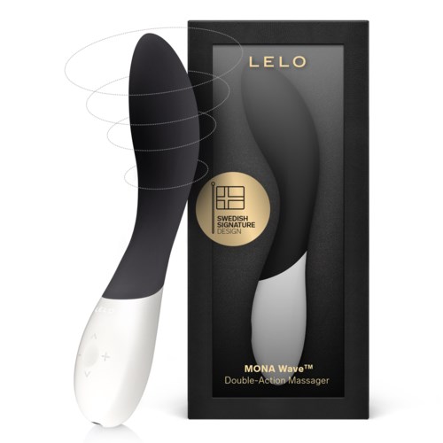 Ein schwarz-weißes Massager steht neben einer Box mit der Aufschrift 'LELO' und 'Mona Wave'.