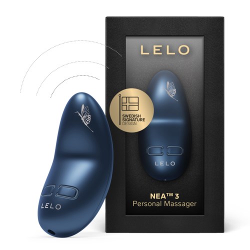 A blue device called NEA 3 for personal massage, with butterfly logo, in a black box packaging. Swedish design.
